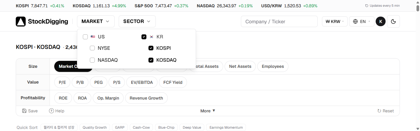 The exchange filter on StockDigging — KOSPI and KOSDAQ as toggleable checkboxes above the rankings table.